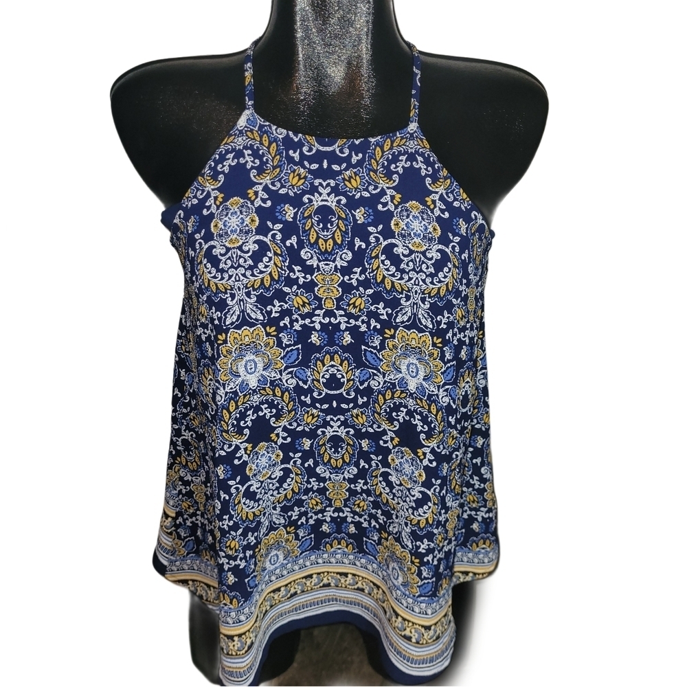 Active USA Blue Paisley Halter Tank Top Size S